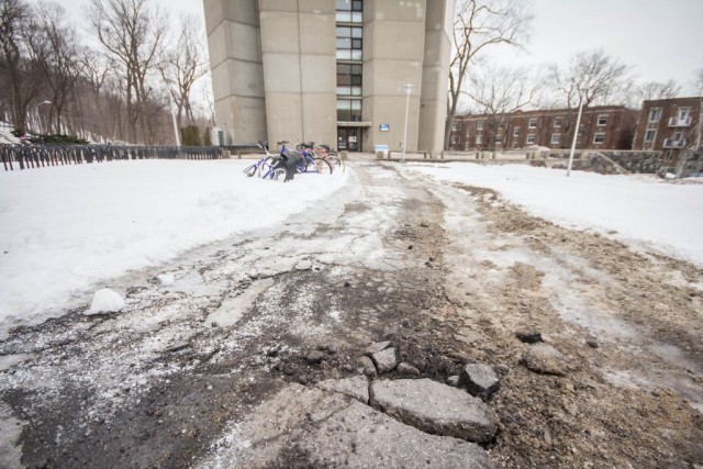 « Il n’y en a pas beaucoup d’espace pour garer les vélos sur le campus et ils ne sont pas protégés, déplore-t-il. On pourrait avoir des espaces avec des auvents qui les protègent. » Le professeur trouve également dommage l’absence de pistes cyclables sur tout le campus. (Photos : Benjamin Parinaud)