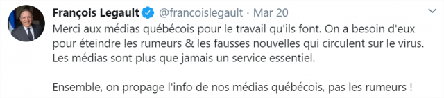 Le premier ministre François Legault a souligné dans son point de presse quotidien du vendredi 20 mars le rôle essentiel des médias. Une reconnaissance que salue la FPJQ.