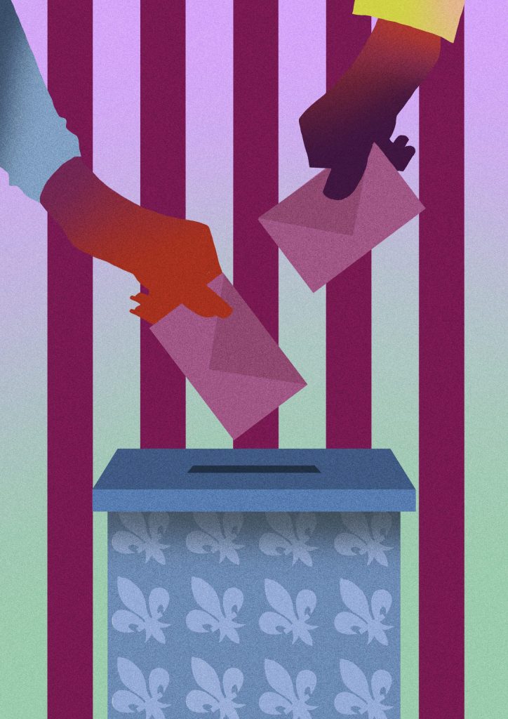 Environ 54 % des jeunes de 18 à 24 ans avaient voté aux élections provinciales de 2022, pour un taux de 66 %. Dessin: Wendy Kim Pires